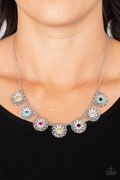 GARDEN GREETINGS - MULTI COLOR RHINESTONE SILVER NECKLACE - PAPARAZZI