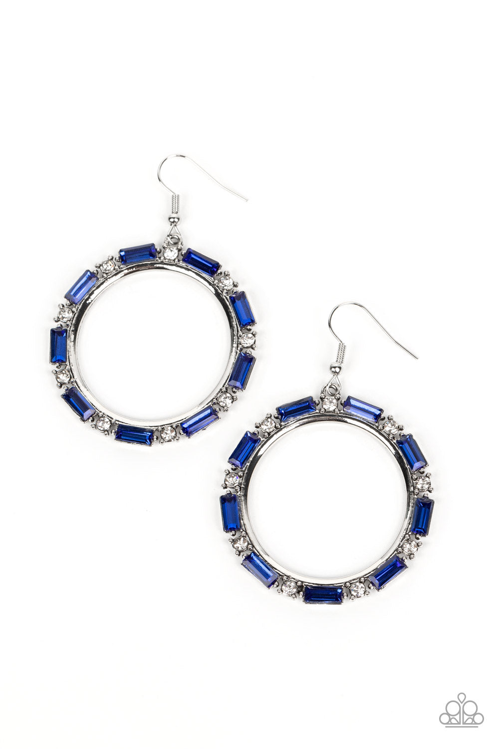 GRITTY GLOW - BLUE AND WHITE RHINESTONE SILVER CIRCLE EARRINGS - PAPARAZZI