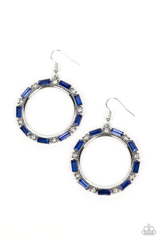 GRITTY GLOW - BLUE AND WHITE RHINESTONE SILVER CIRCLE EARRINGS - PAPARAZZI