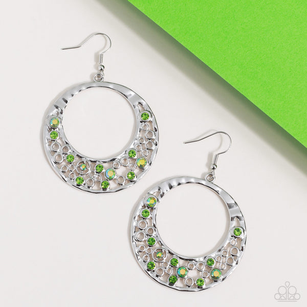 ENCHANTED EFFERVESCENCE - GREEN IRIDESCENT RHINESTONE SILVER EARRINGS - PAPARAZZI