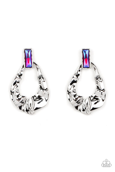 METRO MELTDOWN - PINK IRIDESCENT GEM SILVER TEARDROP POST EARRINGS - PAPARAZZI