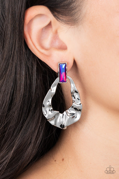 METRO MELTDOWN - PINK IRIDESCENT GEM SILVER TEARDROP POST EARRINGS - PAPARAZZI