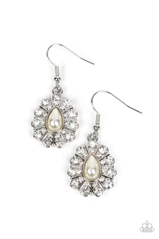 EXTROVERTED ELEGANCE - WHITE RHINESTONE SILVER EARRINGS - PAPARAZZI