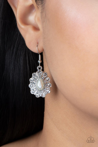 EXTROVERTED ELEGANCE - WHITE RHINESTONE SILVER EARRINGS - PAPARAZZI
