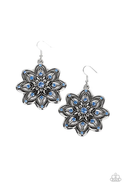 PRISMATIC PERENNIAL - BLUE RHINESTONE SILVER FLORAL EARRINGS - PAPARAZZI