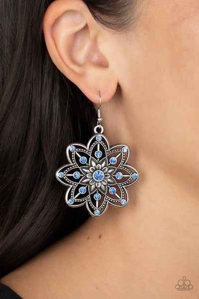 PRISMATIC PERENNIAL - BLUE RHINESTONE SILVER FLORAL EARRINGS - PAPARAZZI