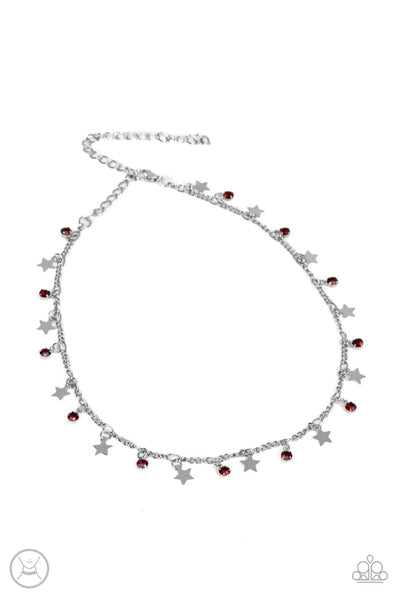 LITTLE LADY LIBERTY - RED RHINESTONE SILVER STAR CHOKER NECKLACE - PAPARAZZI