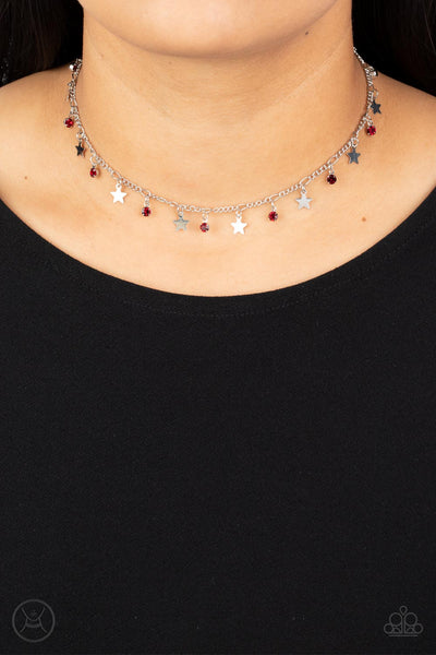 LITTLE LADY LIBERTY - RED RHINESTONE SILVER STAR CHOKER NECKLACE - PAPARAZZI