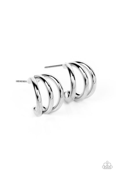 TRIPLE DOWN - SILVER TINY HOOP EARRINGS - PAPARAZZI