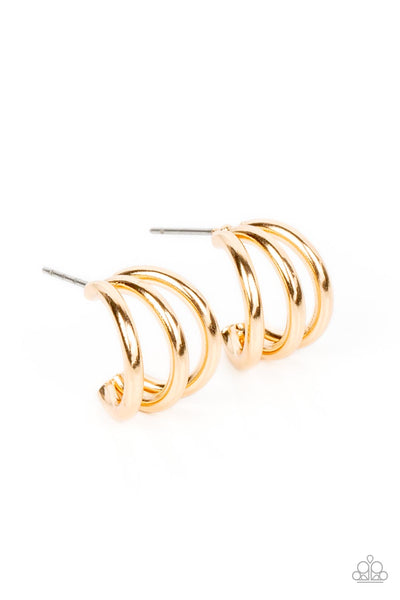 TRIPLE DOWN - GOLD TINY HOOP EARRINGS - PAPARAZZI