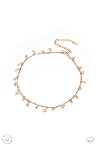 LITTLE LADY LIBERTY - GOLD STAR WHITE RHINESTONE CHOKER NECKLACE - PAPARAZZI