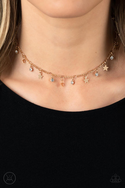 LITTLE LADY LIBERTY - GOLD STAR WHITE RHINESTONE CHOKER NECKLACE - PAPARAZZI