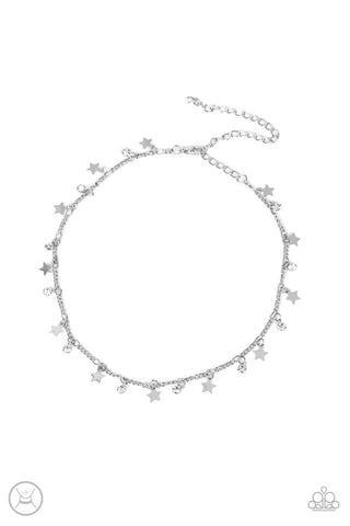 LITTLE LADY LIBERTY - WHITE RHINESTONE SILVER STAR CHOKER NECKLACE - PAPARAZZI