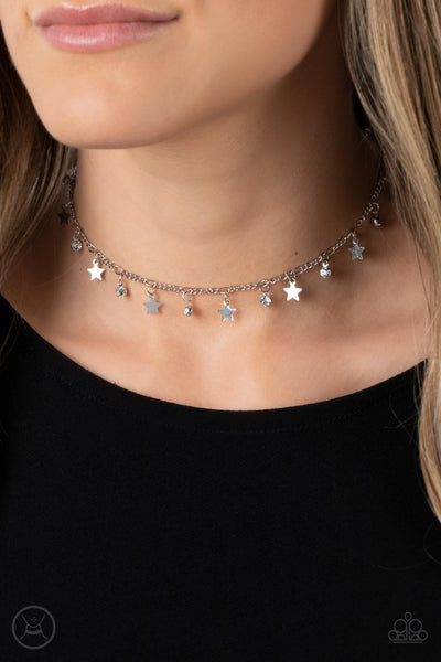 LITTLE LADY LIBERTY - WHITE RHINESTONE SILVER STAR CHOKER NECKLACE - PAPARAZZI