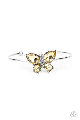 BUTTERFLY BEATITUDE - YELLOW GEM SILVER BUTTERFLY CUFF BRACELET - PAPARAZZI