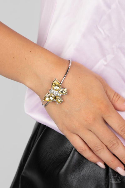 BUTTERFLY BEATITUDE - YELLOW GEM SILVER BUTTERFLY CUFF BRACELET - PAPARAZZI