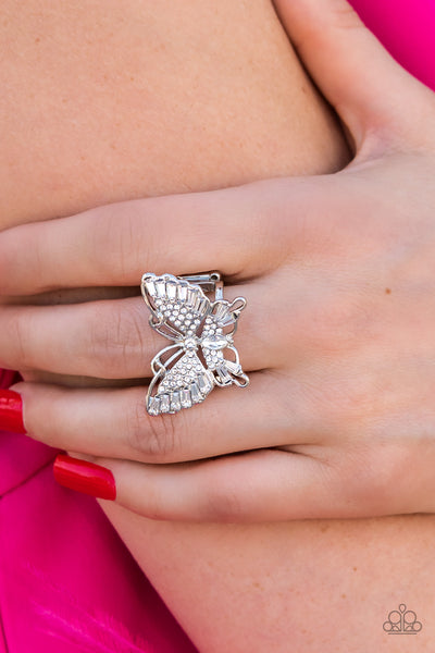 FEARLESS FLUTTER - WHITE RHINESTONE SILVER BUTTERFLY RING - PAPARAZZI - LIFE OF THE PARTY JUNE 2022