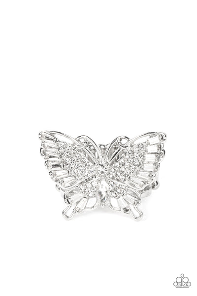 FEARLESS FLUTTER - WHITE RHINESTONE SILVER BUTTERFLY RING - PAPARAZZI - LIFE OF THE PARTY JUNE 2022