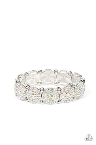 PALACE INTRIGUE - MULTI IRIDESCENT RHINESTONE SILVER CIRCLE STRETCHY BRACELET - PAPARAZZI - LIFE OF THE PARTY JUNE 2022