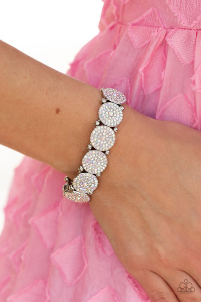 PALACE INTRIGUE - MULTI IRIDESCENT RHINESTONE SILVER CIRCLE STRETCHY BRACELET - PAPARAZZI - LIFE OF THE PARTY JUNE 2022