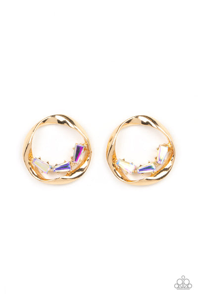 IMPERFECT ILLUMINATION - MULTI IRIDESCENT RHINESTONE GOLD CIRCLE POST EARRINGS - PAPARAZZI