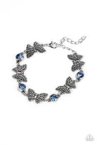 HAS A WING TO IT - BLUE RHINESTONE SILVER BUTTERFLY BRACELET - PAPARAZZI