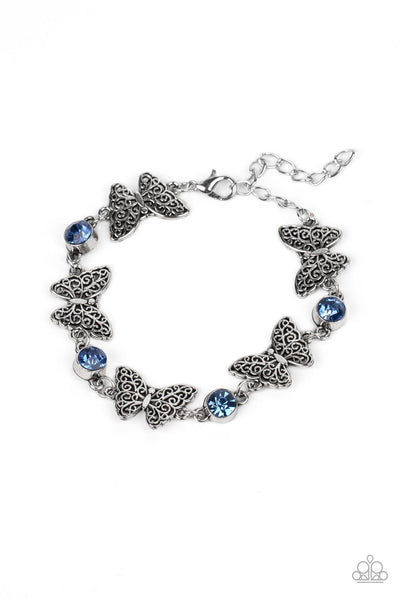 HAS A WING TO IT - BLUE RHINESTONE SILVER BUTTERFLY BRACELET - PAPARAZZI