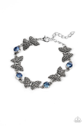 HAS A WING TO IT - BLUE RHINESTONE SILVER BUTTERFLY BRACELET - PAPARAZZI
