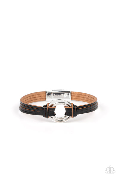 FREE RANGE FASHION - BLACK LEATHER SILVER ACCENT MAGNET BRACELET - PAPARAZZI