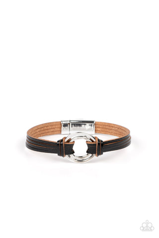 FREE RANGE FASHION - BLACK LEATHER SILVER ACCENT MAGNET BRACELET - PAPARAZZI