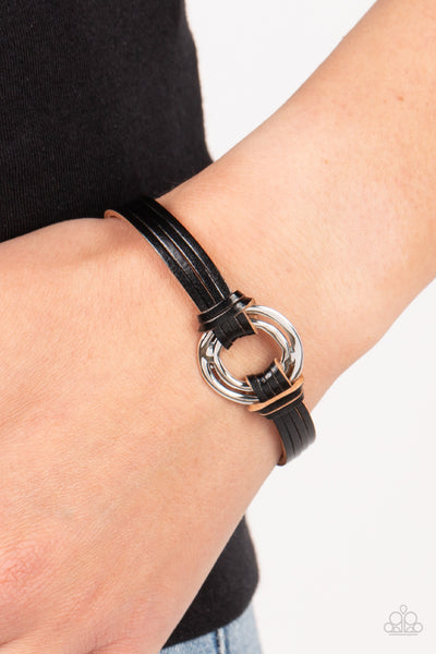 FREE RANGE FASHION - BLACK LEATHER SILVER ACCENT MAGNET BRACELET - PAPARAZZI