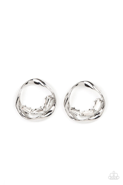 IMPERFECT ILLUMINATION - WHITE RHINESTONE SILVER CIRCLE POST EARRINGS - PAPARAZZI