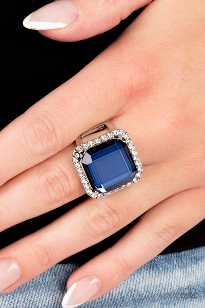 SLOW BURN - BLUE GEM WHITE RHINESTONE SILVER RING - PAPARAZZI