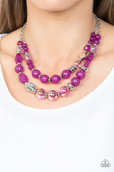 MERE MAGIC - PURPLE IRIDESCENT AND SILVER BEAD LAYERED NECKLACE - PAPARAZZI