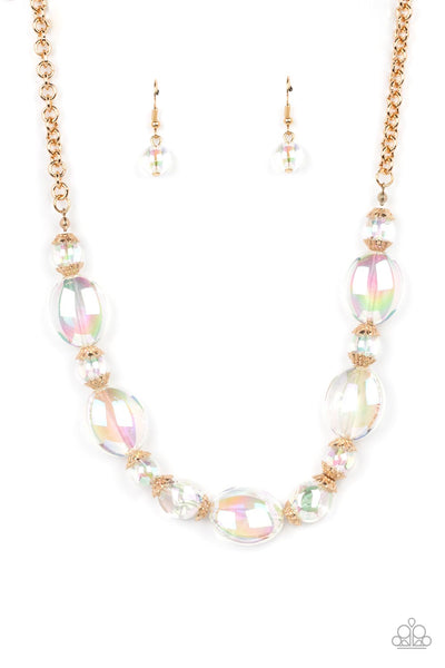 PRISMATIC MAGIC - GOLD IRIDESCENT BEAD NECKLACE - PAPARAZZI