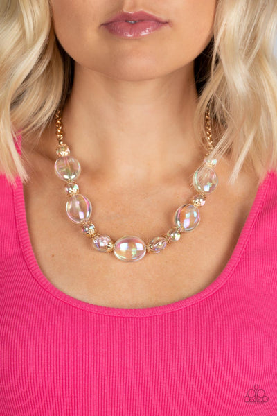 PRISMATIC MAGIC - GOLD IRIDESCENT BEAD NECKLACE - PAPARAZZI