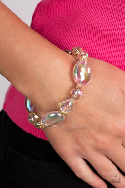 IRIDESCENT ILLUSIONS - GOLD IRIDESCENT BEAD STRETCHY BRACELET - PAPARAZZI