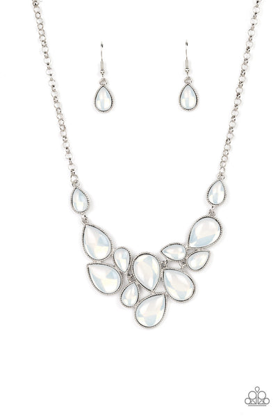 KEEPS GLOWING AND GLOWING - WHITE OPALESCENT BEAD SILVER NECKLACE - PAPARAZZI