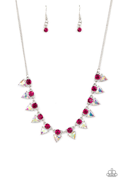 RAZOR-SHARP REFINEMENT - PINK CIRCLE AND IRIDESCENT TRIANGLE GEM SILVER NECKLACE - PAPARAZZI