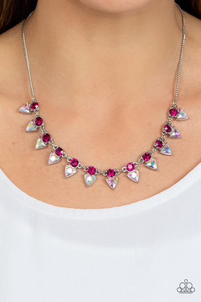 RAZOR-SHARP REFINEMENT - PINK CIRCLE AND IRIDESCENT TRIANGLE GEM SILVER NECKLACE - PAPARAZZI