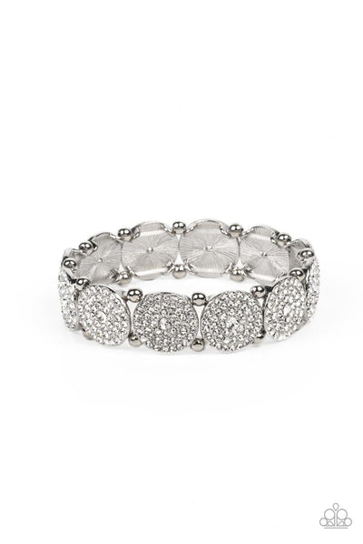PALACE INTRIGUE - WHITE RHINESTONE SILVER STRETCHY BRACELET - PAPARAZZI