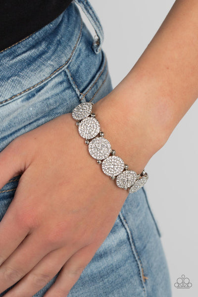 PALACE INTRIGUE - WHITE RHINESTONE SILVER STRETCHY BRACELET - PAPARAZZI