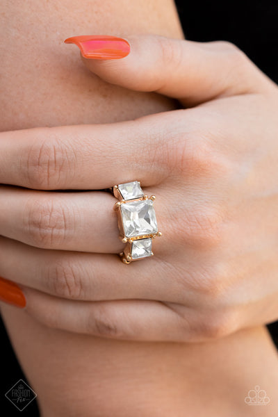 TREASURED TWINKLE - GOLD WHITE GEM RHINESTONE RING - PAPARAZZI FASHION FIX JULY 2022