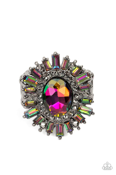 ASTRAL ATTITUDE - MULTI OIL SPILL AND HEMATITE RHINESTONE GUNMETAL RING - PAPARAZZI - AUGUST 2022 LIFE OF THE PARTY EXCLUSIVE