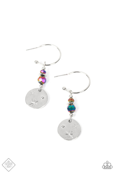 ARTIFICIAL STARLIGHT - MULTI OILSPILL BEAD SILVER DISC EARRINGS - PAPARAZZI FASHION FIX AUGUST 2022
