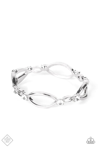 INTERWOVEN ILLUSION - WHITE RHINESTONE SILVER HINGED BRACELET - PAPARAZZI FASHION FIX JUNE 2022
