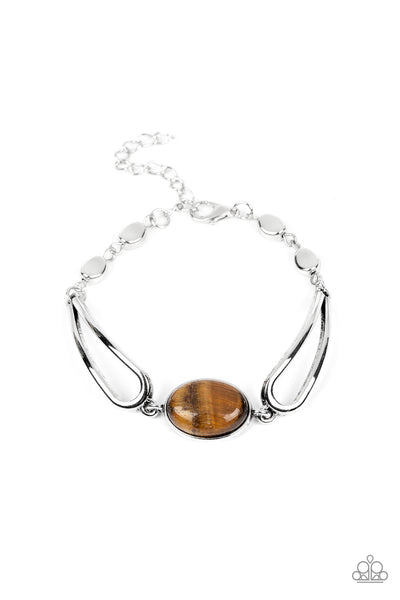 A QUARTER PAST ZEN - BROWN TIGER'S EYE SILVER BRACELET - PAPARAZZI