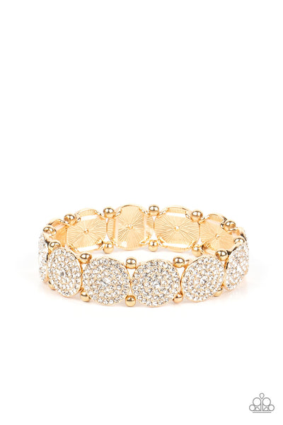 PALACE INTRIGUE - GOLD FRAME WHITE RHINESTONE STRETCHY BRACELET - PAPARAZZI
