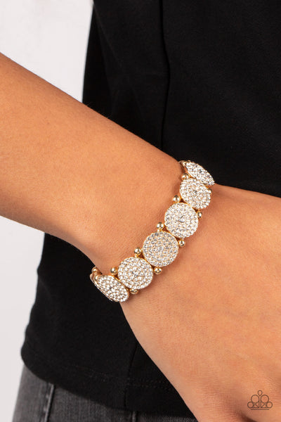 PALACE INTRIGUE - GOLD FRAME WHITE RHINESTONE STRETCHY BRACELET - PAPARAZZI