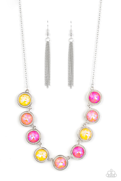 QUEEN OF THE COSMOS - YELLOW ORANGE PINK IRIDESCENT GEM SILVER NECKLACE - PAPARAZZI